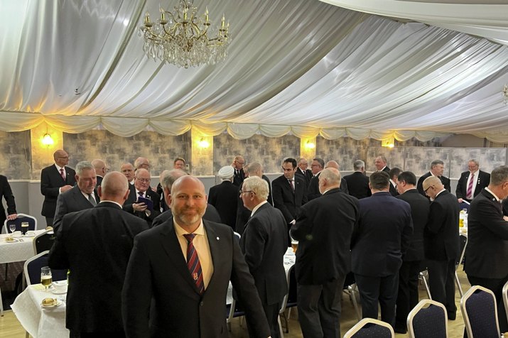 Members gathered for a Festive Board under the marquee at the Gosport Masonic Centre