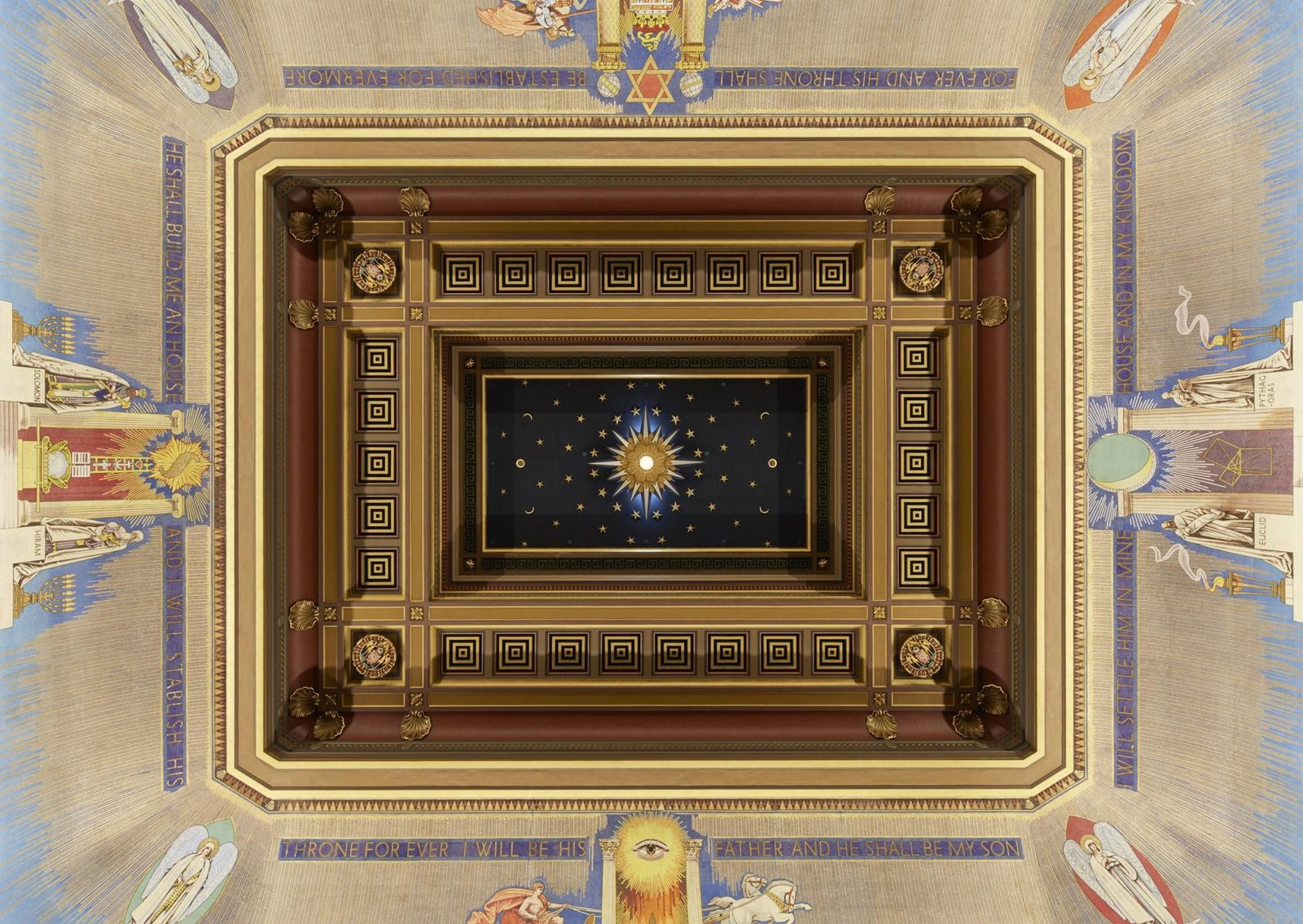 The painted and gilded ceiling of the Grand Temple, rich with Masonic symbolism