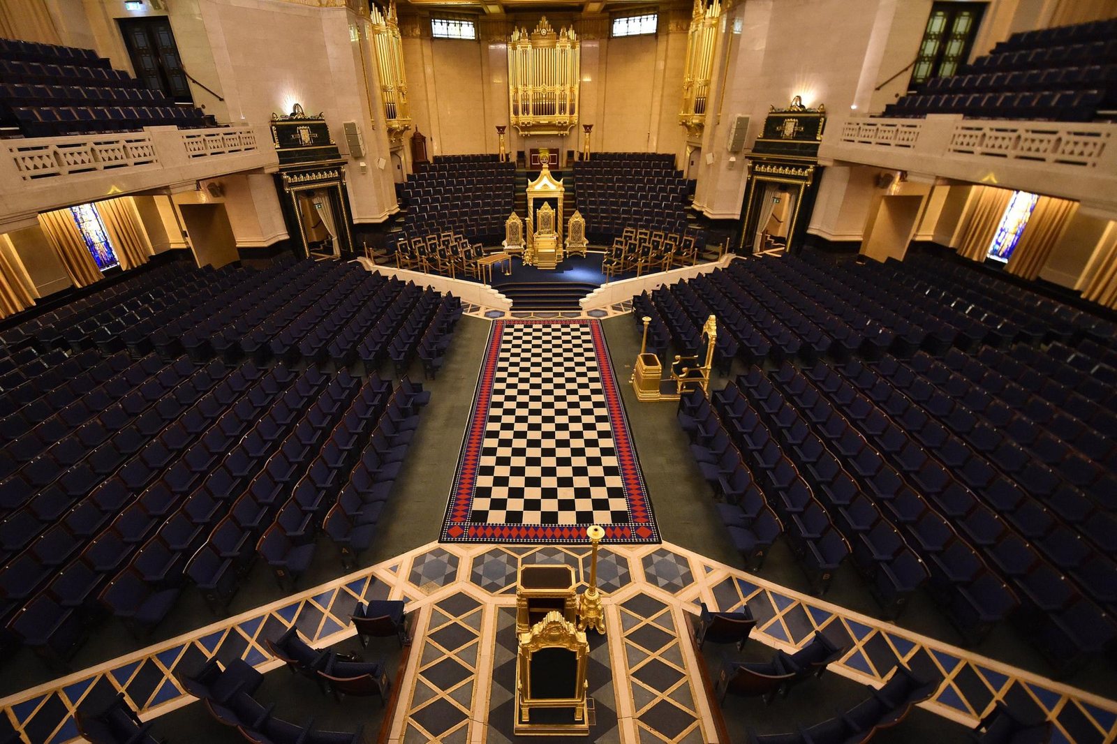 The Grand Temple at Freemasons' Hall in London, with its throne, chequered pavement and tiered seating