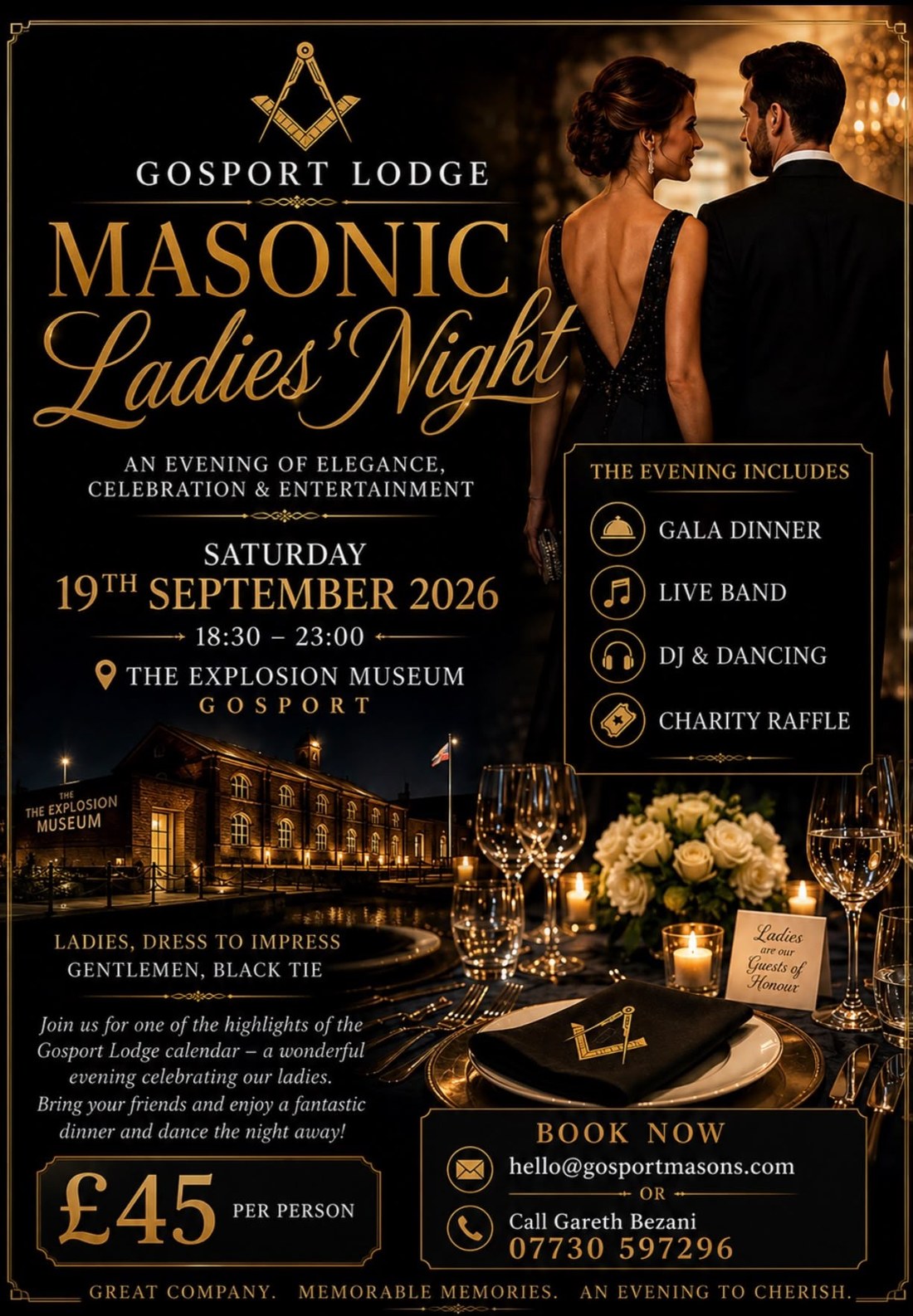 Poster for Gosport Lodge Masonic Ladies' Night, Saturday 19 September 2026 at the Explosion Museum, Gosport