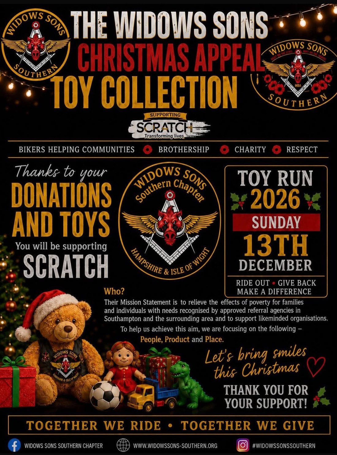 Poster for the Widows Sons Southern Chapter Christmas toy appeal in aid of SCRATCH